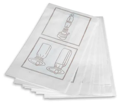 A stack of white paper bags with diagrams printed on them.