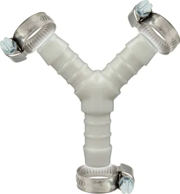 Produktbild von tecuro Schlauchverbinder Y Stück allseitig Ø 12 mm, mit Edelstahlschlauchschellen - Nylon weiß
