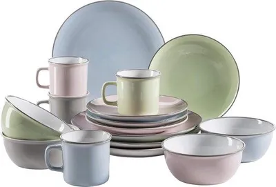 Productafbeelding van Serviesset voor 4 personen, moderne vintage-stijl, 16-delig, steengoed, retro design.