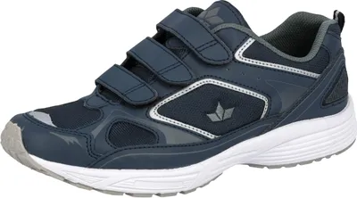 A single blue athletic shoe with white soles and gray accents, shown from a side-diagonal angle against a white background.