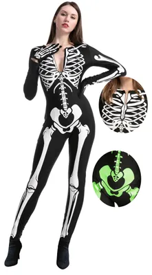 Produktbild von Skelett-Kostüm für Erwachsene Damen, leuchtet im Dunkeln, Halloween, Cosplay