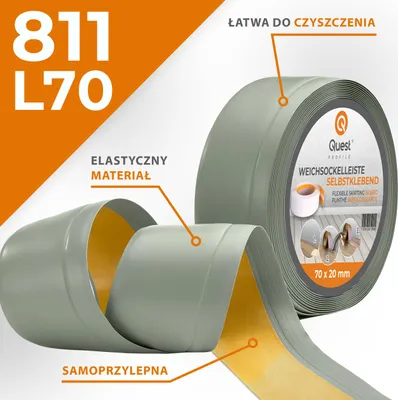 Zdjęcie produktu dla QUEST Listwa przypodłogowa PCV 70x20mm, 25m, samoprzylepna elastyczna, miękka listwa podłogowa, cokołowa, jasnozielony