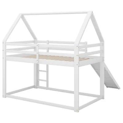 Produktbild von Halbhohes Bett,90x200cm,Hausform,Fenster,4 Schubladen,LED-Lichtleiste,Lagerleiter,ohne Matratze,Wei?