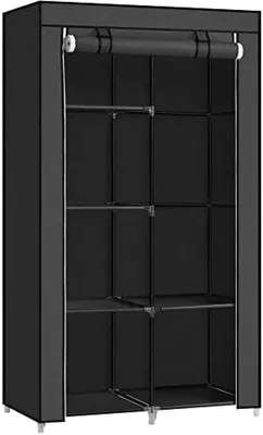Produktbild von PolkaHome® Stoffschrank mit 2 Kleiderstangen und 6 Regalböden, schwarzer Kleiderschrank für Schlafzimmer oder Ankleidezimmer, 88 x 45 x 168
