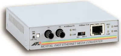 Immagine prodotto di Convertitore multimediale multimodale Allied Telesis da 100TX a 100FX (ST), 100 Mbit/s, UTP e fibra ottica, cablato, 6 W, 0 - 40 °C, -20 - 80 °C
