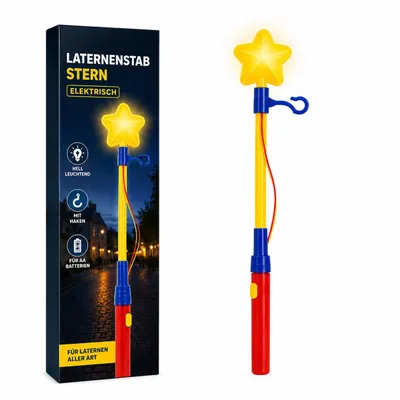 Produktbild von Laternenstab Stern elektrisch – leuchtender Laternenstab mit Haken für Laternen, St. Martin & Halloween – für Kinder & Erwachsene, AA Batterien