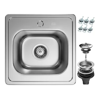 Produktbild von ANW HOME Einbauspüle Edelstahl 38x38 cm Satin Oberfläche Küchenspüle 1 Becken 20 cm tief mit Siphon und Ablaufgarnitur