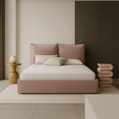 A bedroom scene with a pink upholstered bed as the main focus.