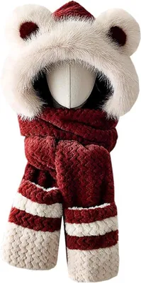 Produktbild von Damen 3-in-1-Wollmütze - warme Mütze, Schal und Handschuhen-Set - süße gebreite Mütze mit Bärenohren - für Damen, Mädchen und Kinder - rot