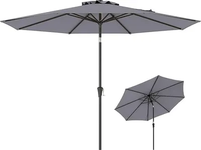 A large and a small grey patio umbrella are displayed against a white background.