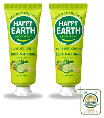 Image de 2 x Déodorant crème Happy Earth, bergamote, 100% naturel, 40 ml - Lot de 2