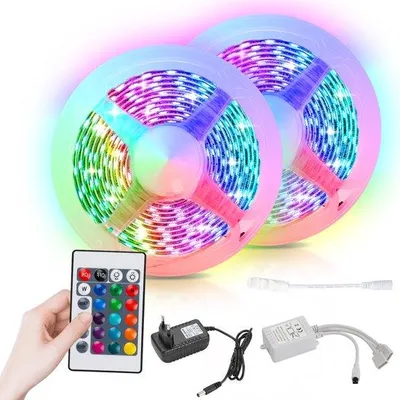 Obrázek produktu pro 10 metrů LED pásků 5050 RGB – 2 x 5 metrů – 24 tlačítek – s možností stmívání – samolepicí – dálkové ovládání – atmosférické osvětlení do obývacího pokoje, ložnice, herního koutku