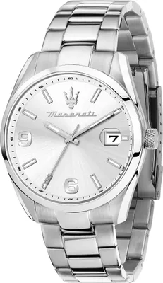 A close-up studio shot of a silver Maserati watch.