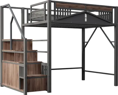 Image de Lit mezzanine en métal 140 x 200 cm, structure de sécurité unique avec fenêtre, échelle de sécurité avec casier,