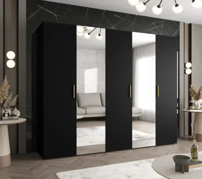 Obrázek produktu pro Šatní skříň se zrcadly HELMA 2 250 cm - černá / zlaté úchyty