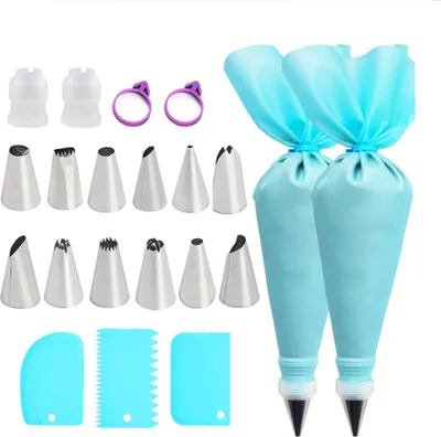 Produktbild von Wiederverwendbare Spritzbeutel und Spritztüllen-Set, Back-Dekorationswerkzeuge, mit Edelstahltüllen, Spritzbeuteln und Tüllen für Kuchen, Kekse, Gebäck, Dekoration, 21 Stück