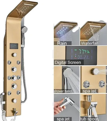 Obrázek produktu pro Sprchový panel, funkce dešťové sprchy a vodopádu, LED displej teploty, kartáčované zlato 8009
