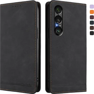 Image de Etui pour Sony Xperia 1 VII, étui rétro en cuirPolyuréthaneavec support et fentes pour cartes de crédit Noir
