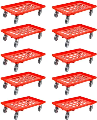 Produktbild von SparSet 10x Transportroller für Euroboxen 60x40cm mit Gummiräder rot | Gitter/Rasterdeck | 2 Lenkrollen & 2 Bockrollen | Traglast 300kg | Kistenroller Logistikroller Rollwagen Profi-Fahrgestell