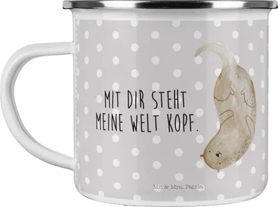 Produktbild von Mr. & Mrs. Panda Pott Otter Kopfüber - Grau Pastell - Geschenk, Teetasse, Niedlich, Verliebt, Haferl, Seeotter, Verknallt, Emaille Tasse, becher, Liebe