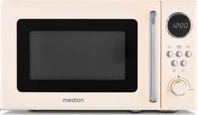 Produktbild von MEDION Retro Mikrowelle klein (20 Liter, ca. 800 Watt, 5 Mikrowellenstufen, 8 Automatikprogramme, Digitale Anzeige, Auftaufunktion, kompakt, MD15000) beige