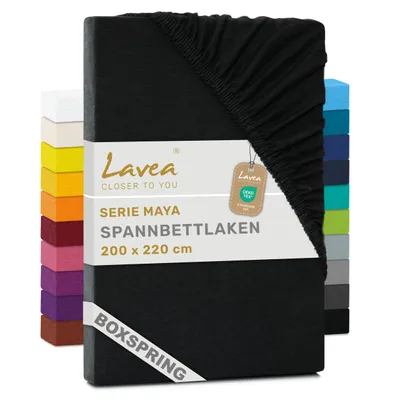 Produktbild von Lavea® Spannbettlaken 200 x 220 cm Maya Jersey, Boxspringbetten, Wasserbetten, Bettlaken 100% Baumwolle, Matratzen bis 35 cm, Spannbetttücher, Schwarz