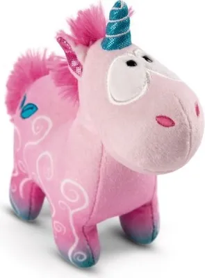 A pink plush unicorn toy with a blue horn and pink mane and tail, standing on a white background.