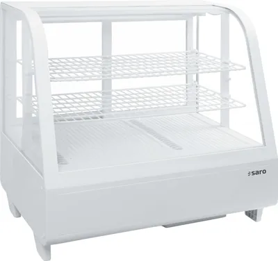 Produktbild von SARO Kühlvitrine 100 Liter, Modell KATRIN weiß Mini Kühlvitrine, Kuchenvitrine, Tischgerät, Schiebetüren, LED-Beleuchtung, Bistro, Bäckerei, Imbiss, Kühlen, Lagern, Präsentieren