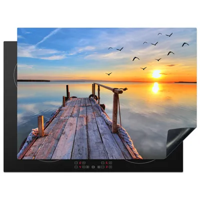 Produktbild von KitchenYeah© Herdabdeckplatte Meer - Sonnenuntergang - Steg - Vögel , 70x52cm, Küche Deko, Glaskeramikkochfeld Herdabdeckung, Abdeckplatte fùr Kochfeld