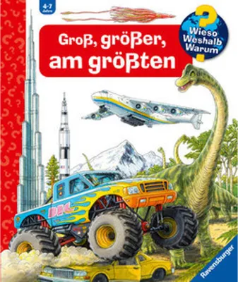 A collage of various large objects including a skyscraper, a rocket, a monster truck, a plane, and dinosaurs, with text overlays.