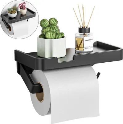 Produktbild von Wandhalter für Toilettenpapier, Schwarz Aluminium, Handyablage, Feuchttücher, Badpapier Halter, Wasserfest