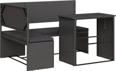Immagine prodotto di Divano da Giardino con Tavolo e Cuscini a L Nero in Polyrattan