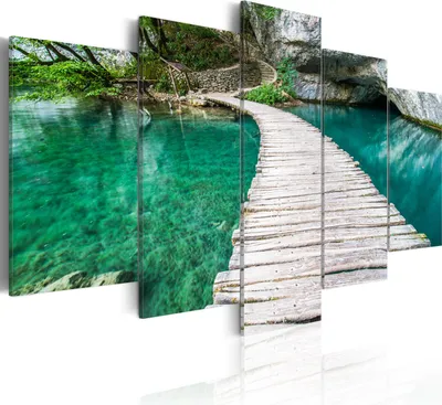 Produktbild von Leinwandbilder Landschaft 200x100 cm Vlies Leinwandbild 5 tlg Kunstdruck modern Wandbilder XXL Wanddekoration Design Wand Bild - Natur See Brücke Felsen 030212-103