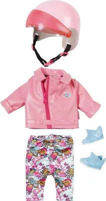 A set of doll clothes and accessories, including a helmet, jacket, pants, and shoes.