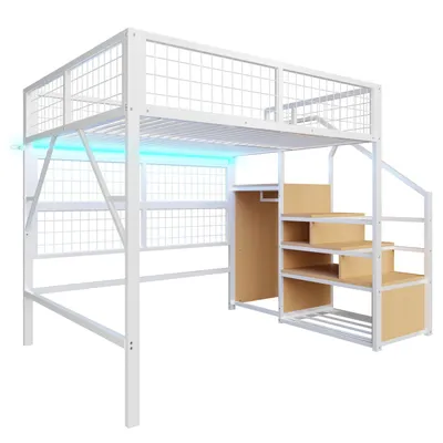 Produktbild von Eisenbett,Etagenbett,Hochbett 140*200cm,Kinderbett,Metall-Hochbett mit APP-gesteuerten LED-Lichtleisten Treppe mit Stauraum,offenem Kleiderschrank