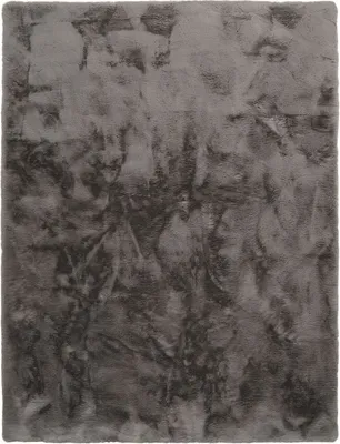A close-up, top-down view of a gray rug with a textured, abstract pattern.