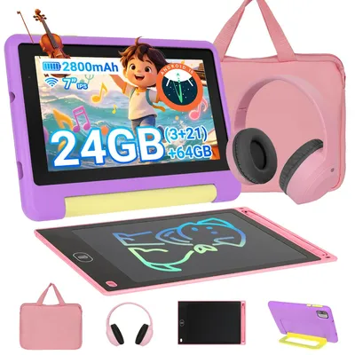 Obrázok produktu pre Tablet Kinder, 7 palcov, rodičovská kontrola, 24 (3+21) GB RAM + 64 GB ROM, Android 15, dvojitá kamera, Wi-Fi, Bluetooth, USB-C, fialová