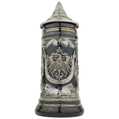 Produktbild von Bierkrug mit Deckel 0,7L – Steinkrug mit Metallmontur "Germany"-Motiv – Geschenkidee für Männer & Bierliebhaber (Schwarz/Braun)