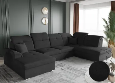 Image de Canapé d'angle avec fonction couchage et coffre de rangement, canapé-lit, canapé en U, canapé en U BARON, tissu Brooklyn Noir, version gauche