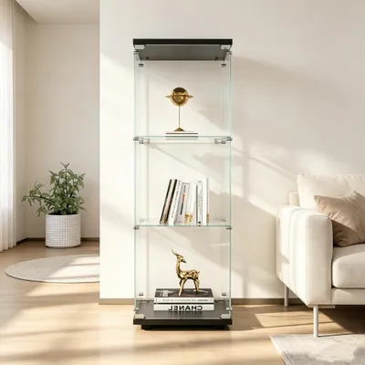 Productafbeelding van INONEFT Glazen displaykast, zwarte kleur, modern design, glazen en houten vitrine, verzamelvitrine, vitrinekast met 3 planken van gehard glas, afmetingen 125,2 x 42,4 x 36,3 cm