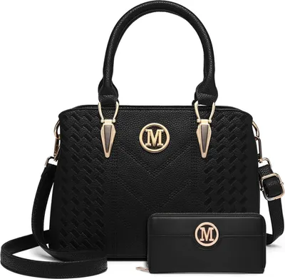 Produktbild von Miss Lulu Handtasche Damen Mittelgroß Elegant Schwarz-Gold Henkeltasche Geldbörsen-Set
