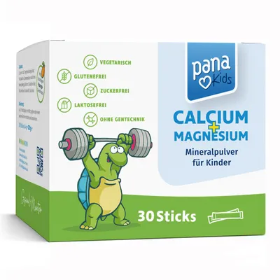 Produktbild von PanaKids Calcium + Magnesium Pulver für Kinder ab 4 Jahren – mit Vitamin C&D3 – für Knochen, Muskeln & Immunsystem – 30 Sticks Mango – Germany