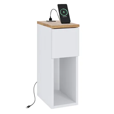 Obrázok produktu pre Nočná skrinka biela s dubovou doskou Torro a portom USB/C 5V 20x30 cm - Štýlová - Funkčná - Kompaktná