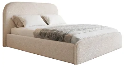 Image de Lit rembourré Bouclé 180x200 cm Wendra Slim avec tête de lit ronde - coffre de rangement, sommier à lattes métallique, Bouclé Beige