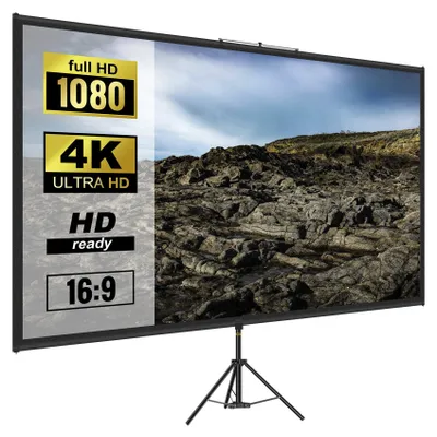 A projection screen on a tripod stand, displaying a rocky landscape image.