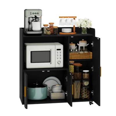 Produktbild von Puluomis Servierwagen Küchenwagen Buffet mit Mikrowellenablage, Rollen mit Bremsen, Küchentrolley Küchekommode Küchenschrank Sideboard schwarz