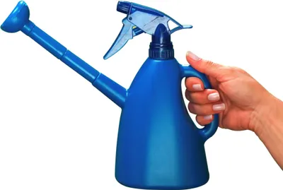 A hand holds a blue watering can with a spray nozzle.