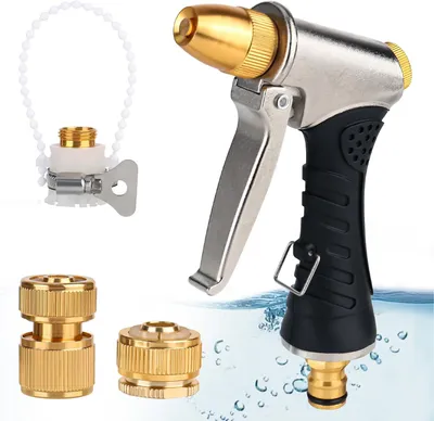 Produktbild von Gartenspritzset, Metallhanddusche, 3 Funktionen, verstellbarer Wasserfluss, fuer Bewaesserung und Autowaschen