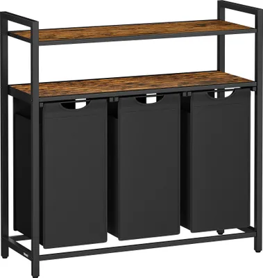 A laundry hamper with three compartments and two shelves.
