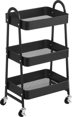 A black three-tiered rolling cart.